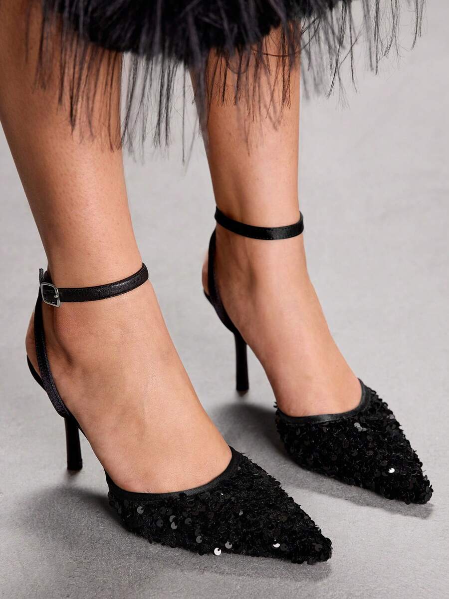 CUCCOO SZL Scarpe da donna alla moda, scarpe con tacco alto luccicanti, scarpe da donna con decorazioni in paillettes per banchetti e feste, scarpe con tacco alto in raso nero sexy per donne, scarpe con cinturino alla caviglia per abiti da sera, per appuntamenti, pomeriggi del tè, San Valentino, eleganti - nero - Visualizzare 1