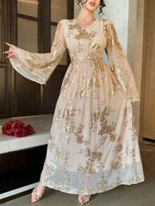 DAZY 闪亮水钻优雅中长连衣裙，适合情人节、婚礼、派对、正式场合，修身剪裁，金色，春夏嘉年华闪亮连衣裙 - 杏色 - 查看 6