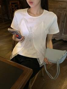 DAZY 女士二合一蕾丝拼接圆领短袖T恤 - 白色 - 查看 6