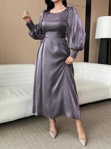 DAZY Đầm dài ngang gối tay phồng màu trơn thanh lịch dành cho nữ, thích hợp cho mùa thu/đông dự tiệc cưới. - Màu tím - Xem 4