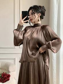 DAZY 女士优雅纯色系带领衬衫和半裙两件套，春夏款，婚礼宾客礼服 - 咖啡棕 - 查看 8