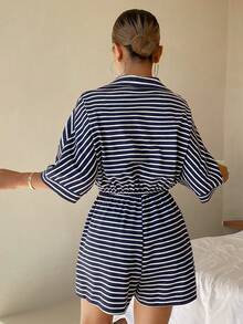 DAZY Women's Minimalist Striped Short Jumpsuit Loungewear - Blue - View 2