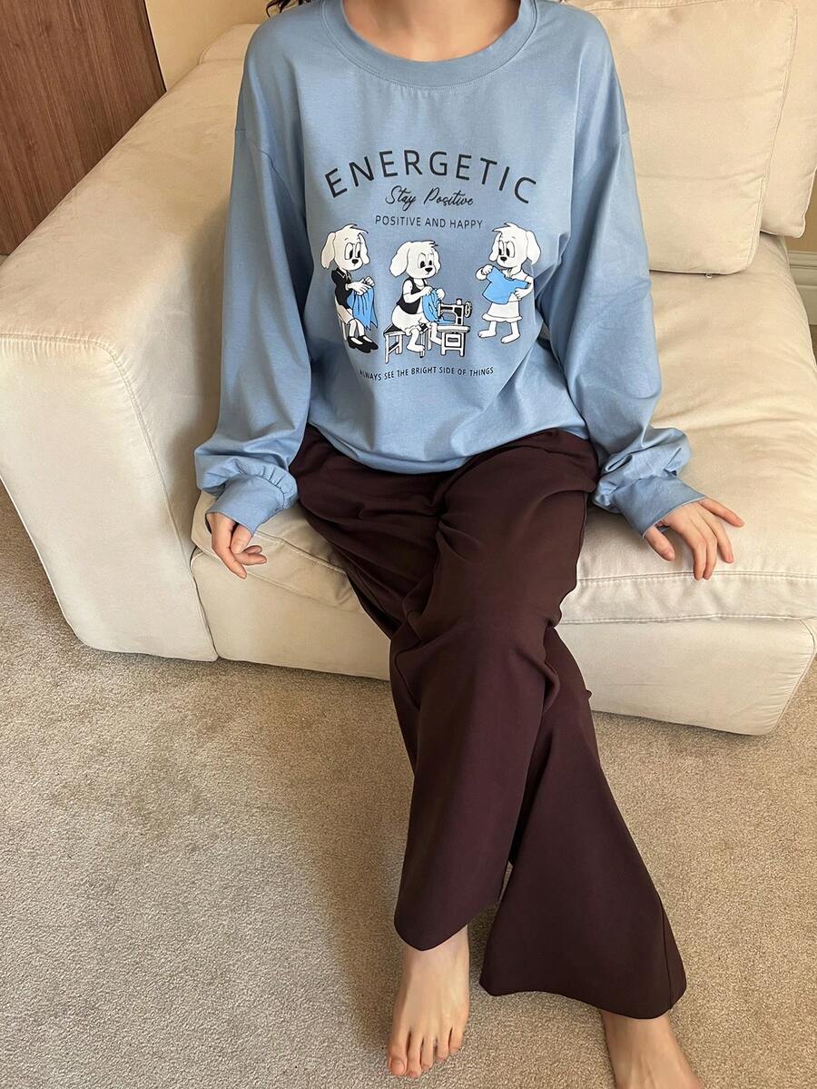 DAZY Cartoon Print Loose Women Pajama Set - Blue - View 1