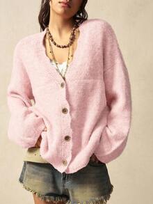 Bohemela Cárdigan casual de manga larga de unicolor con cierre de botones delantero de punto suelto vintage - Rosa - Ver 5