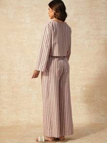 Boho Mama Maternity Two-Piece Cotton Set Colorful Striped Pullover Shirt With Slit Cuffs,Adjustable Elastic Waist Trousers,White,Autumn,Boho,Holiday Vacation - Multicolor - View 2