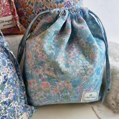 [Charming Floral Bag] Vibrant Floral Pattern 1pc Drawstring Bag - Charming Fabric Gift & Storage Pouch With Motif, Perfect For Jewelry, Cosmetics, Travel Essentials & Home Organization