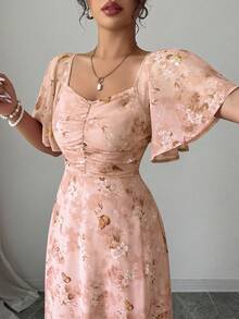 Modelyn 女士雪纺蝴蝶印花蝙蝠袖百褶甜美法式夏装 - 橘色 - 查看 5