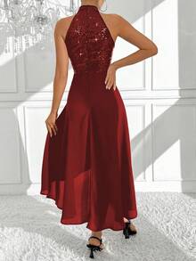 Xyvia 一件优雅亮片拼接露背不对称下摆连衣裙，适合假日派对穿着，女士长款套装 - 酒紅色 - 查看 2