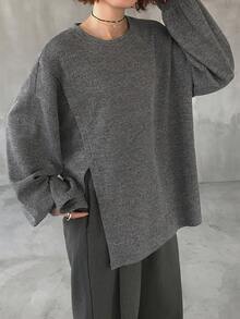 FRIFUL Camiseta de manga larga con abertura lateral de unicolor casual para mujer - Gris - Ver 5