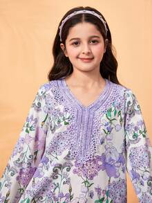 SHEIN Tween Girl Casual Elegant Floral Purple Lace Trim Dress, Suitable For Outings, Family Gatherings