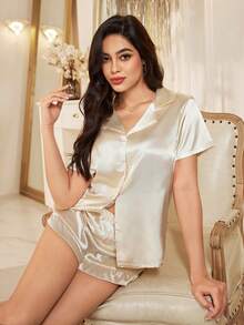 SHEIN Silky Elegant Faux Silk Lapel Collar Ruffle Trim Women Pajama Set - Apricot - View 4