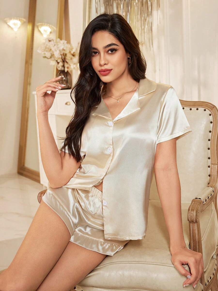 SHEIN Conjunto de pijama de mujer con cuello de solapa de seda elegante y falso, con ribete de volantes - Albaricoque - Ver 1