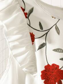 Franclia 女士印花拼接荷叶袖连衣裙，纯色圆领长裙，女士春夏度假装，腰部饰有D形环腰带，白色连衣裙，后背装饰拉链 - 白色 - 查看 5