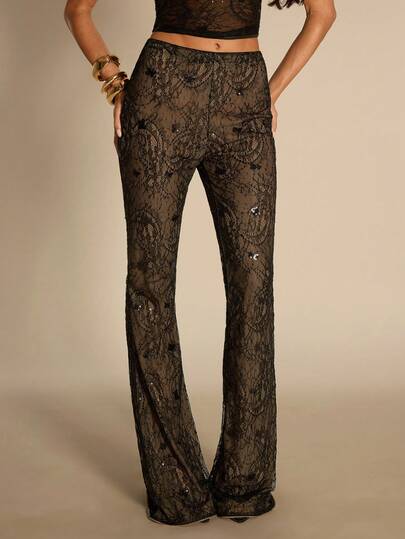 SHEIN BAE Damskie, seksowne, uniwersalne spodnie dzwony z cekinami i siateczką, idealne na randkę