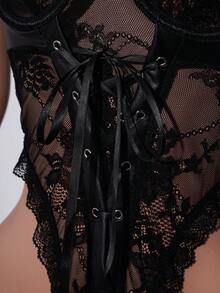 2件套浪漫蕾丝PU镂空性感女士内衣套装 - 黑色 - 查看 8