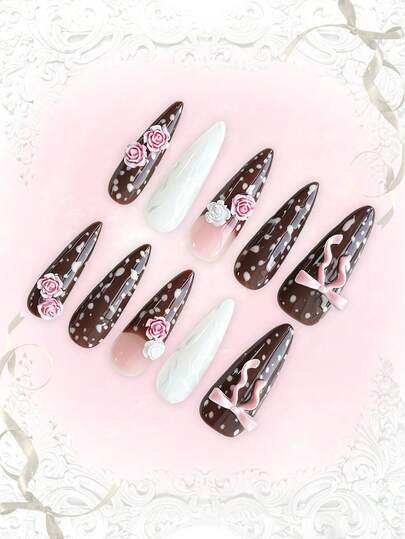 Anime 10 Stück süße Schleifen-Musik-Noten-Stern-Elemente hochwertige handgefertigte Kunstnägel + 3 Stück doppelseitiger Kleber, Y2K französischer Stil Strass-Kette Polka-Punkt abnehmbare Nail-Art-Aufkleber, geeignet für Feiertage, Partys, Tanzen und den täglichen Gebrauch