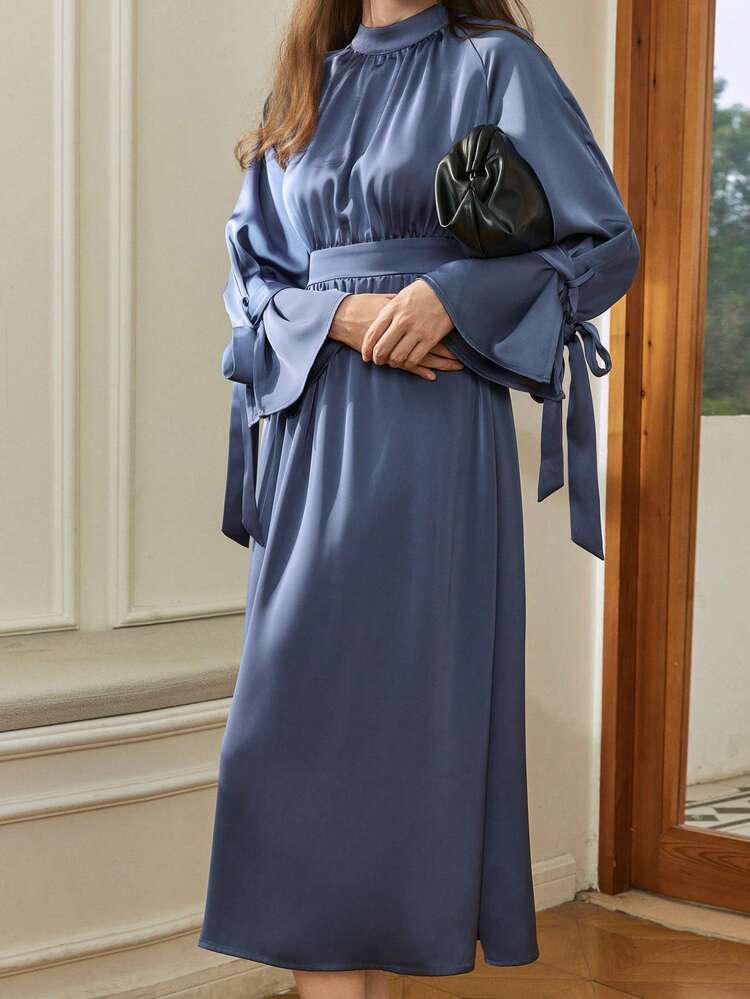 Women's Solid Color Stand Collar Raglan Sleeve Casual Dress Business Casual Woman Sundress