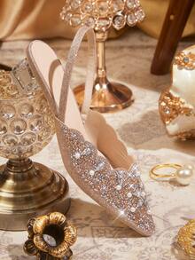 CUCCOO TILAWA Women's Fashionable & Elegant Crystal Heel, Rhinestone Pointed Toe Laser Cut Champagne High Heel Pumps, Suitable For Banquet, Party And Other Occasions Valentine's Day - Champagne - View 3