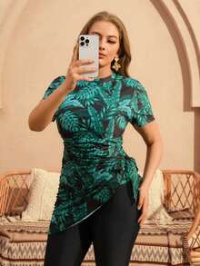 Swim Mulvari Bộ đồ bơi Burkini tay ngắn in họa tiết cây nhiệt đới dành cho nữ cỡ lớn, kèm áo khoác ngoài và váy. - màu đen - Xem 5