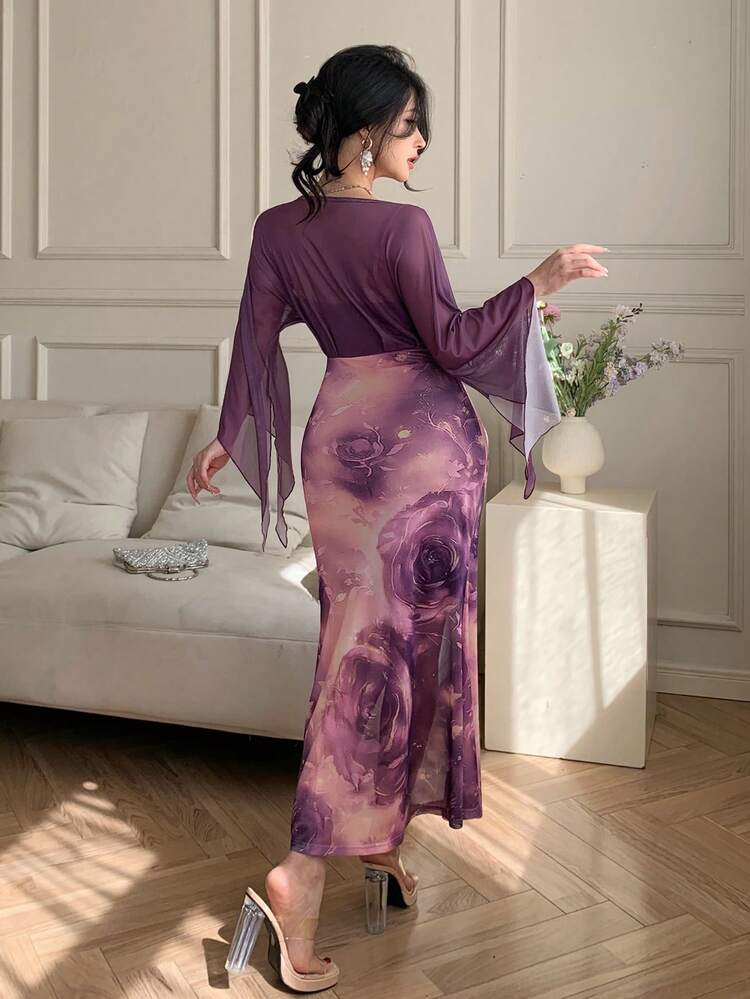 Women's Elegant Patchwork Print Ruffle Sleeve Mid-Length Dress, Autumn Wedding Guest Dress Sundress