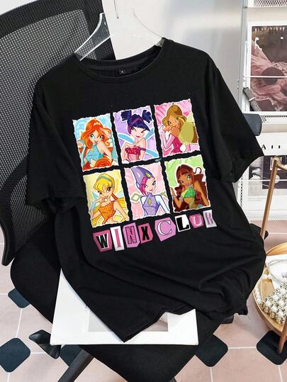The Winx X SHEIN Women's Casual Everyday Commute Cartoon Figure & Letter Graphic Oversized Black T-Shirt, Summer