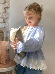 DAZY Young Girl Ditsy Floral Lace Trim Loose Blouse Spring - Blue - View 7