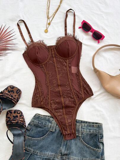 Soleia 豹纹蕾丝边紧身胸衣连体衣，性感露背细肩带修身连体衣，适合度假、约会、情人节、下午茶等场合