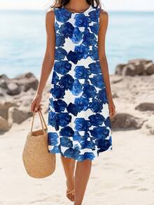 EMERY ROSE Casual Printed Sleeveless Round Neck A-Line Dress, Summer