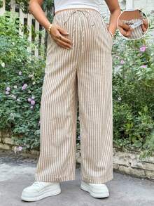 SHEIN Maternity Clothes Maternity Pants Summer Pregnant Clothes Apricot Striped Maternity Pants Maternity Knotted Striped Drawstring Wide Leg Casual Pants Vacation - Apricot - View 7