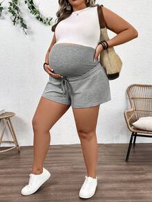 SHEIN 孕妇加大码纯色可调节腰带口袋休闲短裤 - 灰色 - 查看 4
