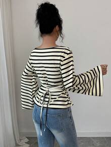 Elenzga Women's Autumn/Winter Loose Collar Flare Sleeve Pleated Ribbed Ribbed Top - Multicolor - View 5