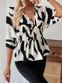 SHEIN LUNE Women's Fashion Casual Shirred Cinched Waist Blouse - Apricot - View 5