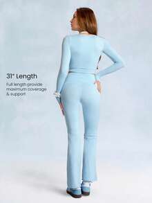 GLOWMODE 31英寸 Softy Velvaire 超高腰弧形缝线喇叭形紧身裤，适合低强度瑜伽日常穿着，秋冬季 - Blue Day - 查看 3