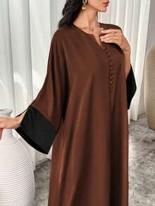 Al Najma Váy Maxi Ả Rập tay loe cổ chữ V màu tương phản cho nữ, váy dài tay kín đáo phong cách thanh lịch cho tiệc thường ngày/ngày lễ/buổi tối/khách dự tiệc cưới - màu đen - Xem 7