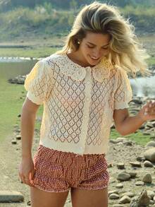 WESTFADE Crochet Scalloped Collar Button Front Short Puff Sleeve Pointelle Knit Relaxed Cardigan Sweater - Apricot - View 3