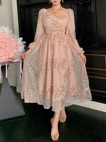 DAZY 女士亮片拼接甜心领优雅长袖中长连衣裙闪亮吊带裙 - 香檳色 - 查看 9