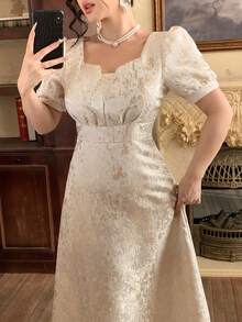 DAZY Đầm nữ thanh lịch tay phồng họa tiết hoa, đầm dự tiệc cưới mùa hè. - Màu be - Xem 3