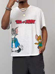 TOM & JERRY X SHEIN Men's Casual Letter & Cartoon Graphic Short Sleeve T-Shirt, Summer