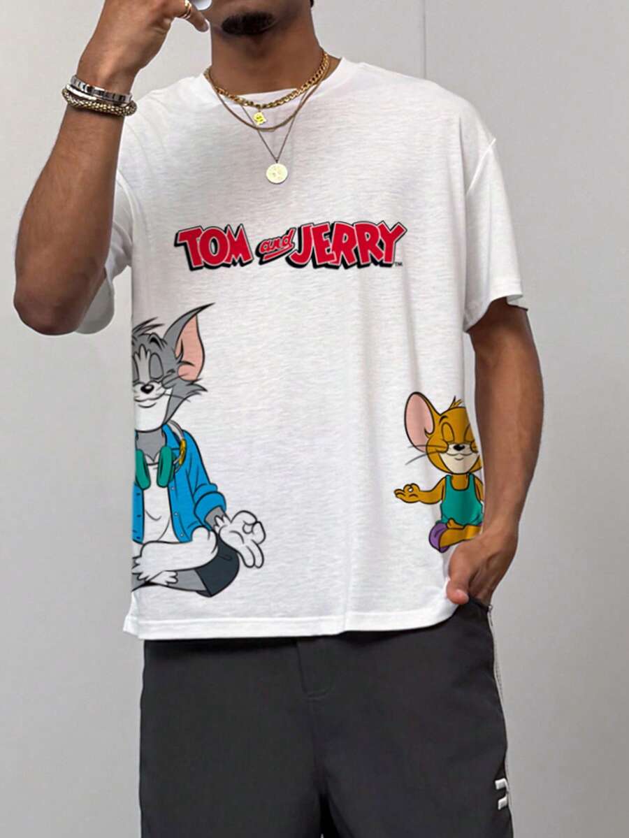 TOM & JERRY X SHEIN 男士休闲字母卡通图案短袖T恤，夏季款