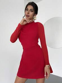 SHEIN PETITE CURVE Plus Size Elegant Red Satin Dress,Autumn Party Wedding Guest Dress For Women,Solid Color Waist Cinched Long Sleeve Curve Birthday Carnival Costume - Red - View 4