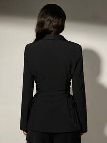 Aveloria Modichic Satin Patchwork Lace-Up Women's Blazer, Elegant Casual Jacket - Black - View 2