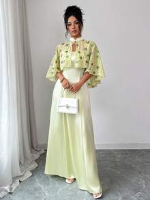 SHEIN Clasi 女士新款优雅串珠刺绣花卉吊带裙两件套 - 綠色 - 查看 5