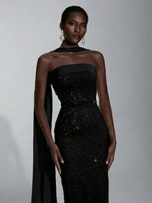 Elitara 优雅奢华的3D串珠无肩带修身及地长款可拆卸挂脖连衣裙，适合约会、度假、单身派对、生日、毕业典礼、婚礼、正式晚宴等场合。 - 黑色 - 查看 3