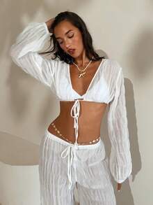 Aloruh 女士优雅雪纺褶皱宽松系带露脐长袖沙滩度假上衣，适合沙滩、夏季假期、春季、外出穿着。 - 白色 - 查看 2