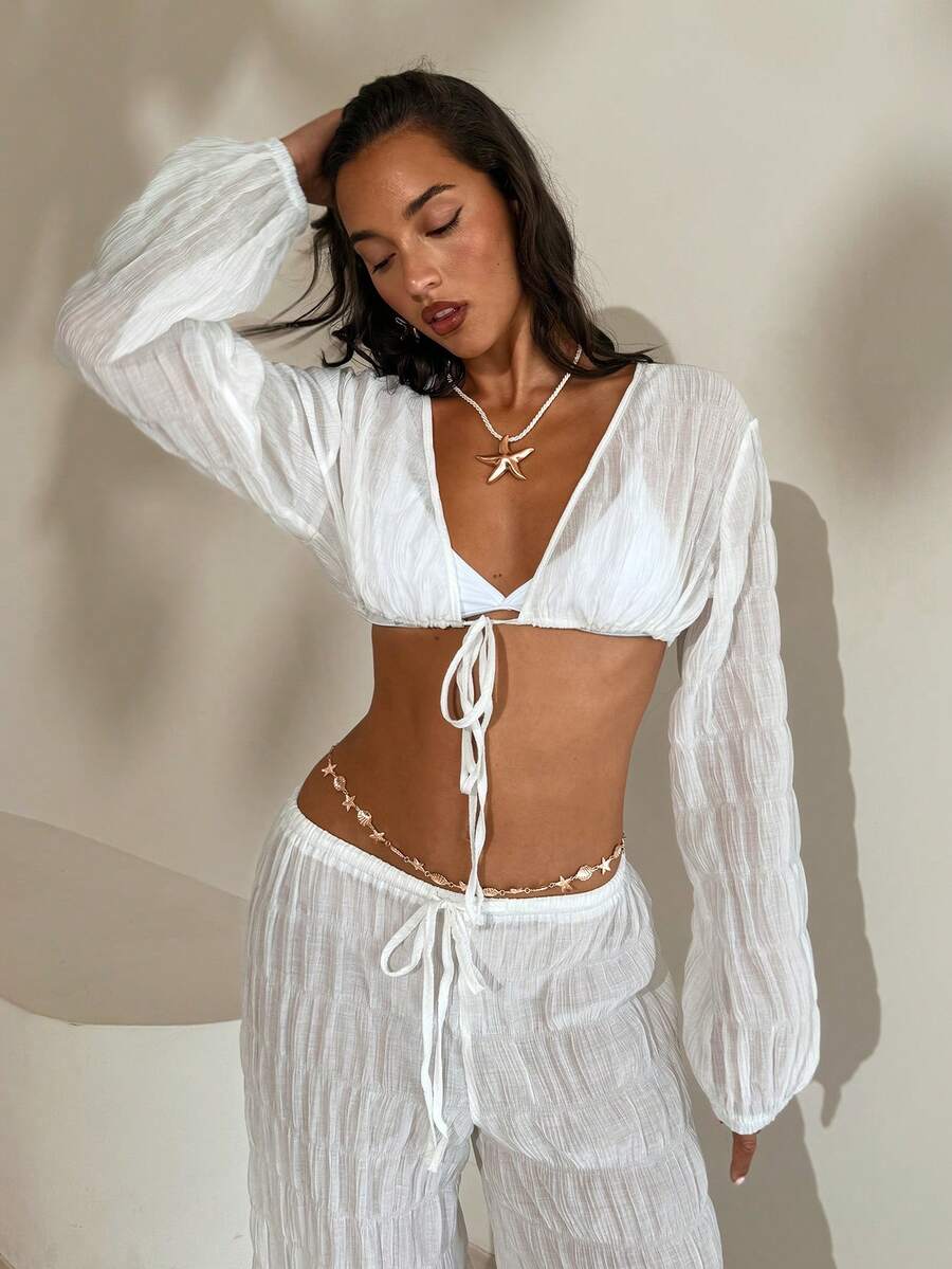 Aloruh 女士优雅雪纺褶皱宽松系带露脐长袖沙滩度假上衣，适合沙滩、夏季假期、春季、外出穿着。