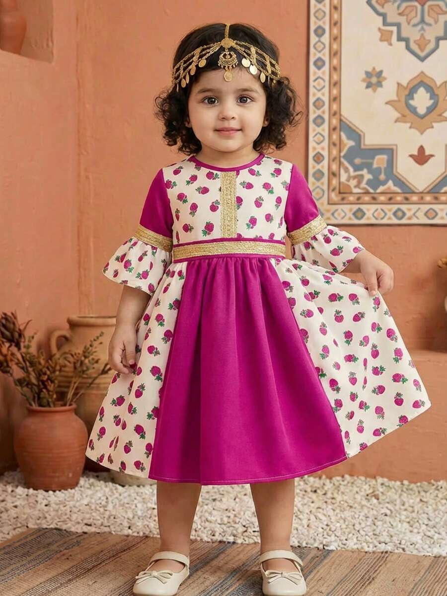 SHEIN Baby Girl Floral Print Ribbon Trim Round Neck Short Sleeve Dress - Hot Pink - View 1