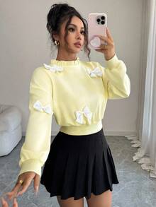 Elenzga Women's Autumn New Fashionable Minimalist Bow Decor Short Sweatshirt - Light Yellow - View 5
