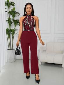 Lyxana 女士优雅印花露背连体裤 - 酒紅色 - 查看 3