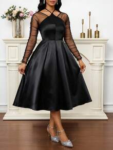 SHEIN Lady Women's Elegant Party Mesh Patchwork Mid-Length Dress - Black - View 6