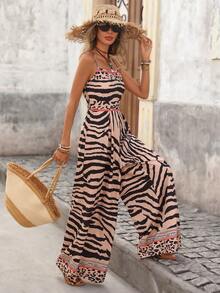 Brillora Bộ jumpsuit dáng chữ A rộng rãi, hở lưng, thắt eo, họa tiết da báo cổ điển, phong cách Bohemian dành cho nữ, thích hợp cho hoạt động ngoài trời, thường ngày, đi nghỉ mát, mùa xuân/hè. - Nhiều màu - Xem 5